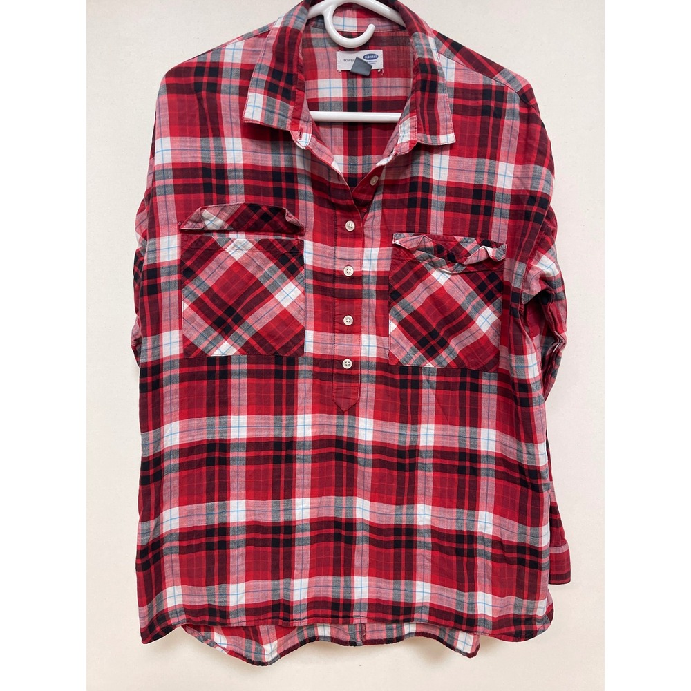 Old Navy Boyfriend Plaid Flannel Shirt Red Black White Popover Large